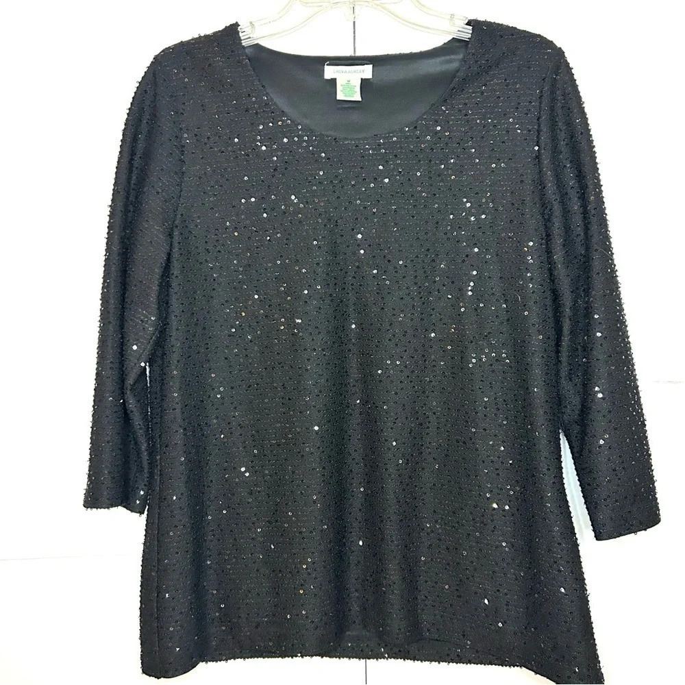 Laura Ashley Black Sequin Tunic Top Women’s Medium Party Holiday Sparkle
